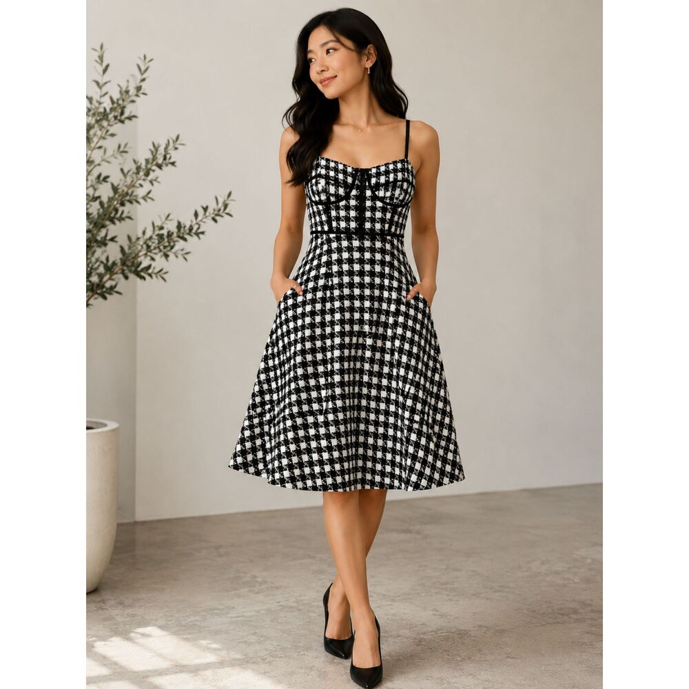 Barbie House Tweed Corset Dress Women's M Black White Boucle Pockets NWT